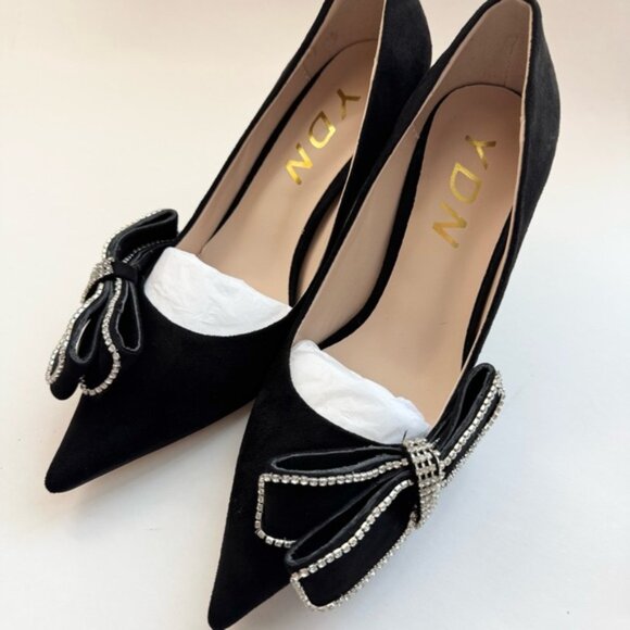 Size 6 YDN Women Pointed Toe Slip on Diamond Pump Special Kitten High Heel Black - Picture 6 of 12
